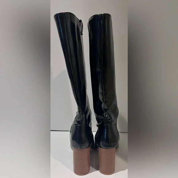 Leila Stone Vegan Black Patent Leather Cynira Knee-High Boots Block Heel Size 10 - Picture 7 of 12
